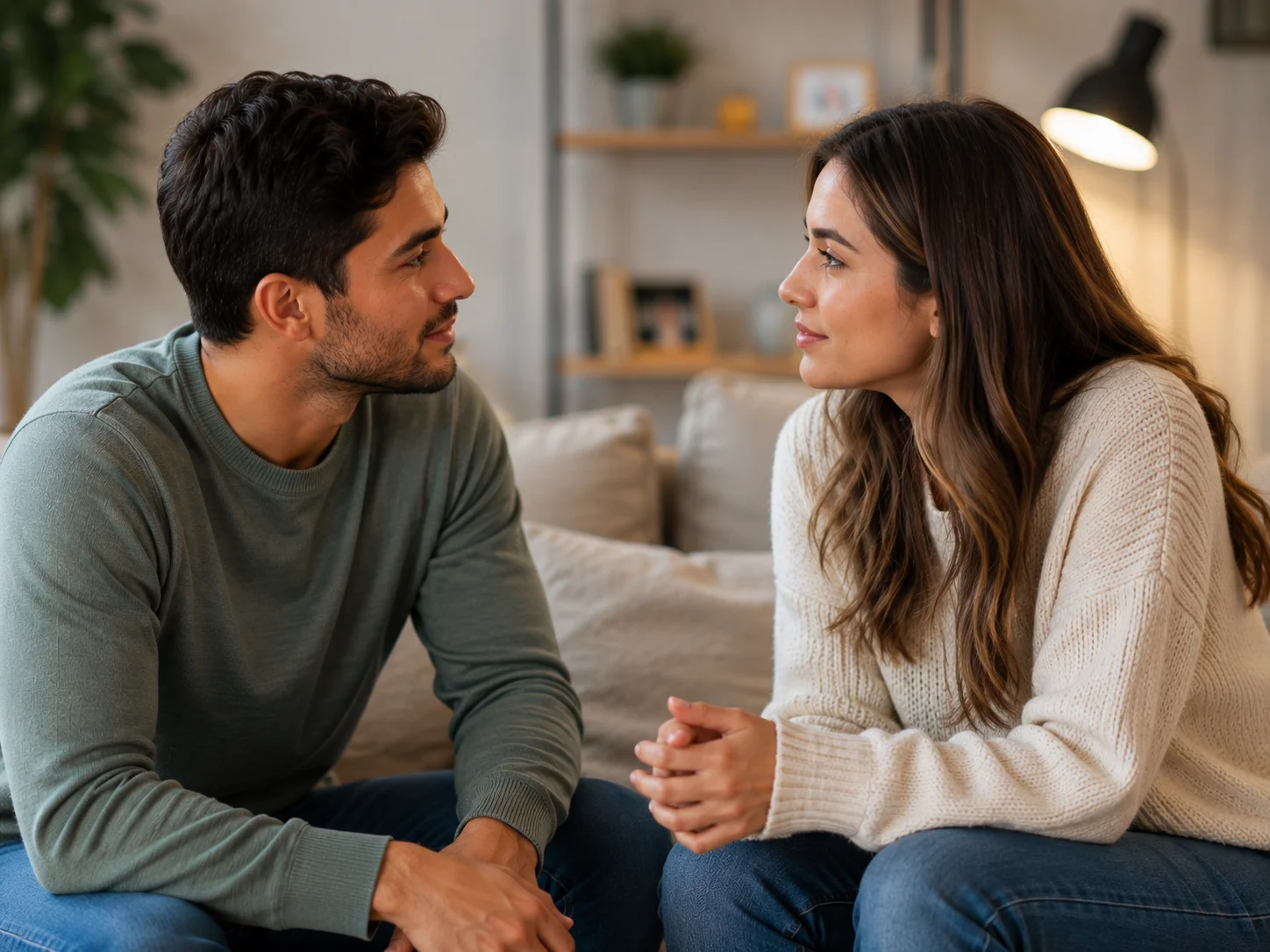 Partner listening carefully while maintaining eye contact during a conversation