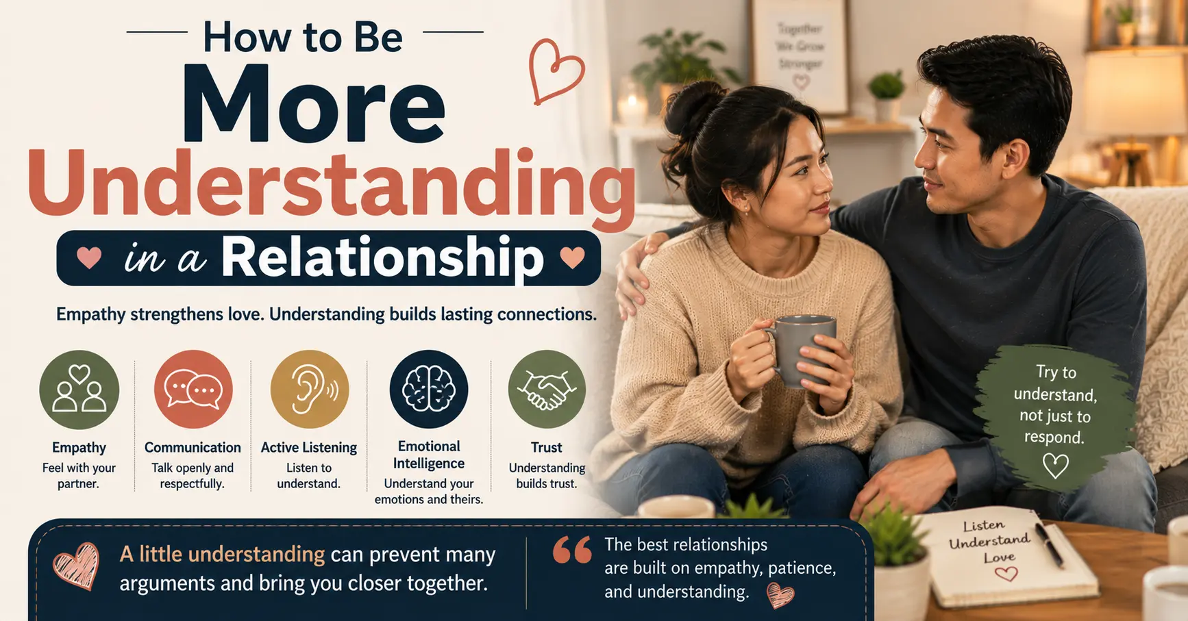 Couple listening to each other with empathy and emotional understanding