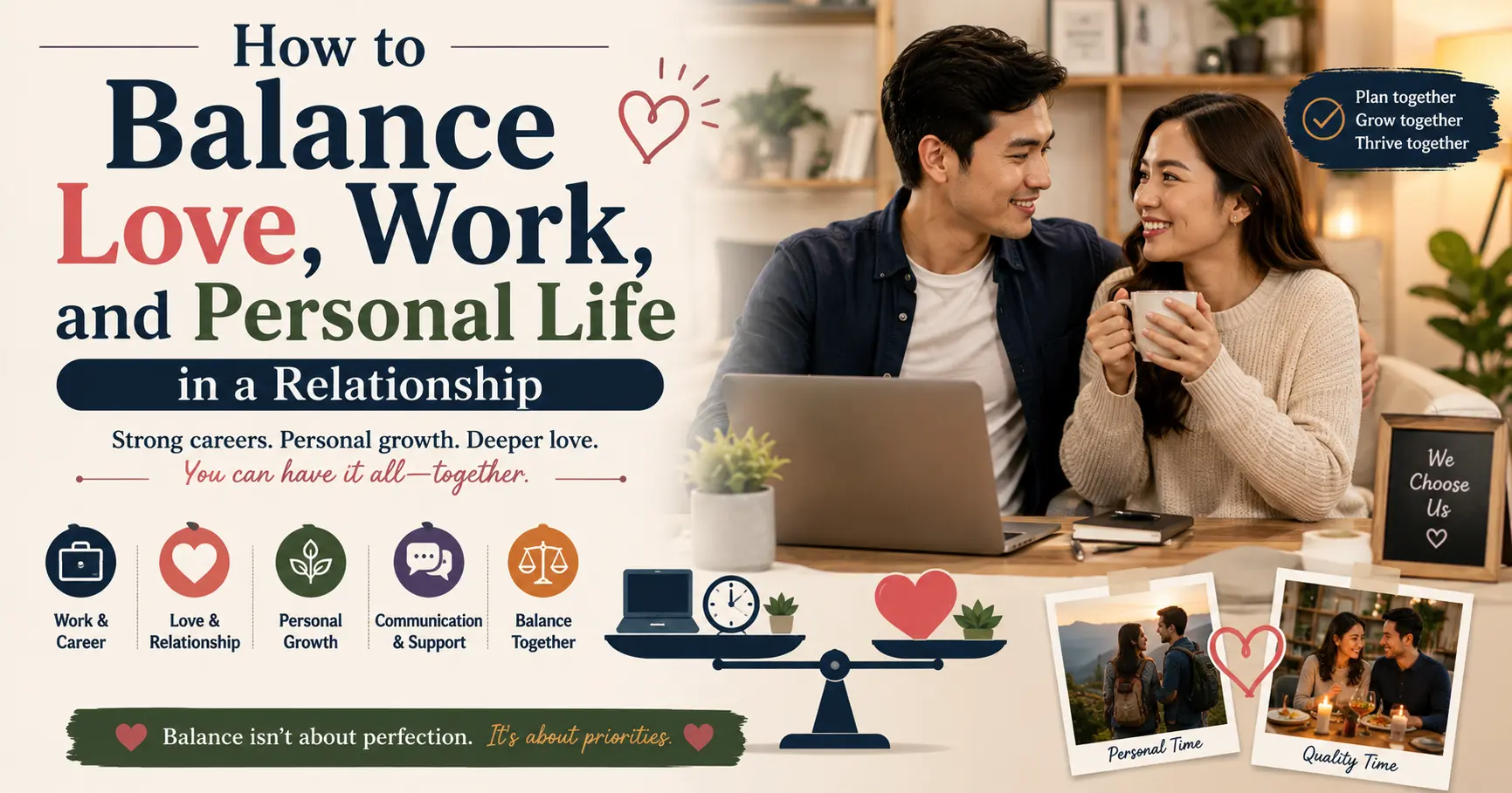 Couple successfully balancing work responsibilities, personal goals, and relationship happiness