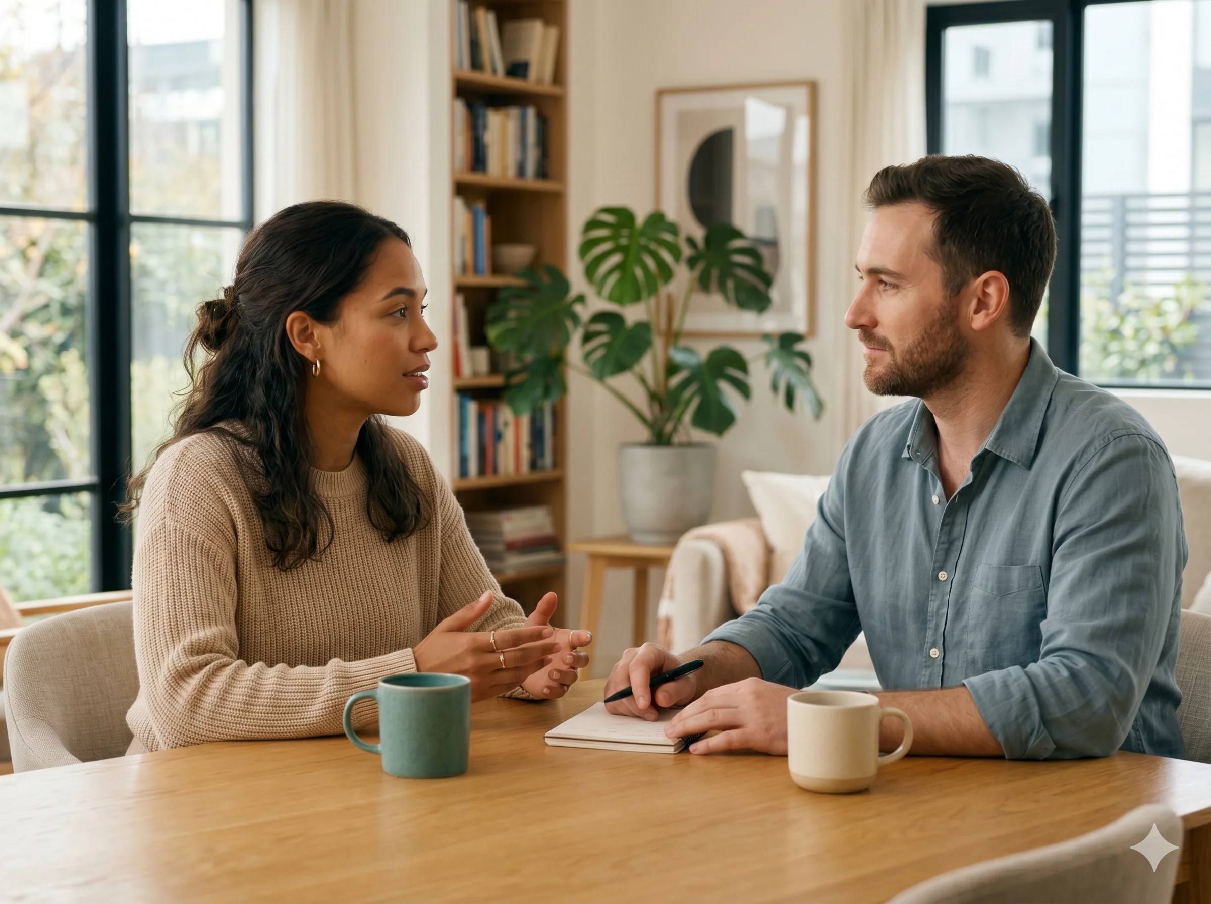 Couple discussing a disagreement respectfully and finding solutions together