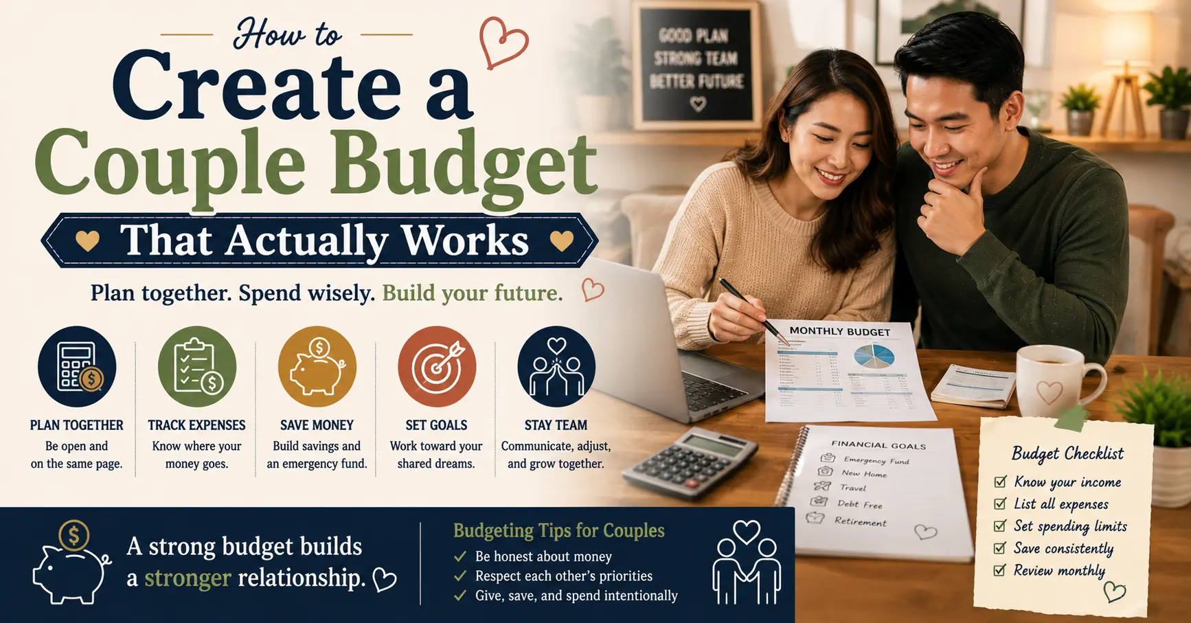 Couple reviewing their monthly budget and financial goals together at home