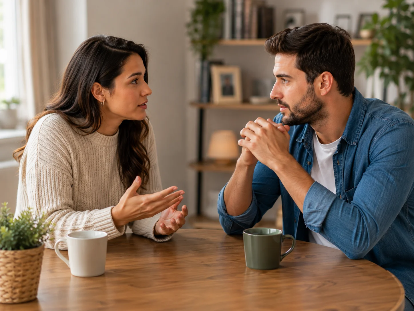Couple listening to each other and finding solutions during a relationship discussion
