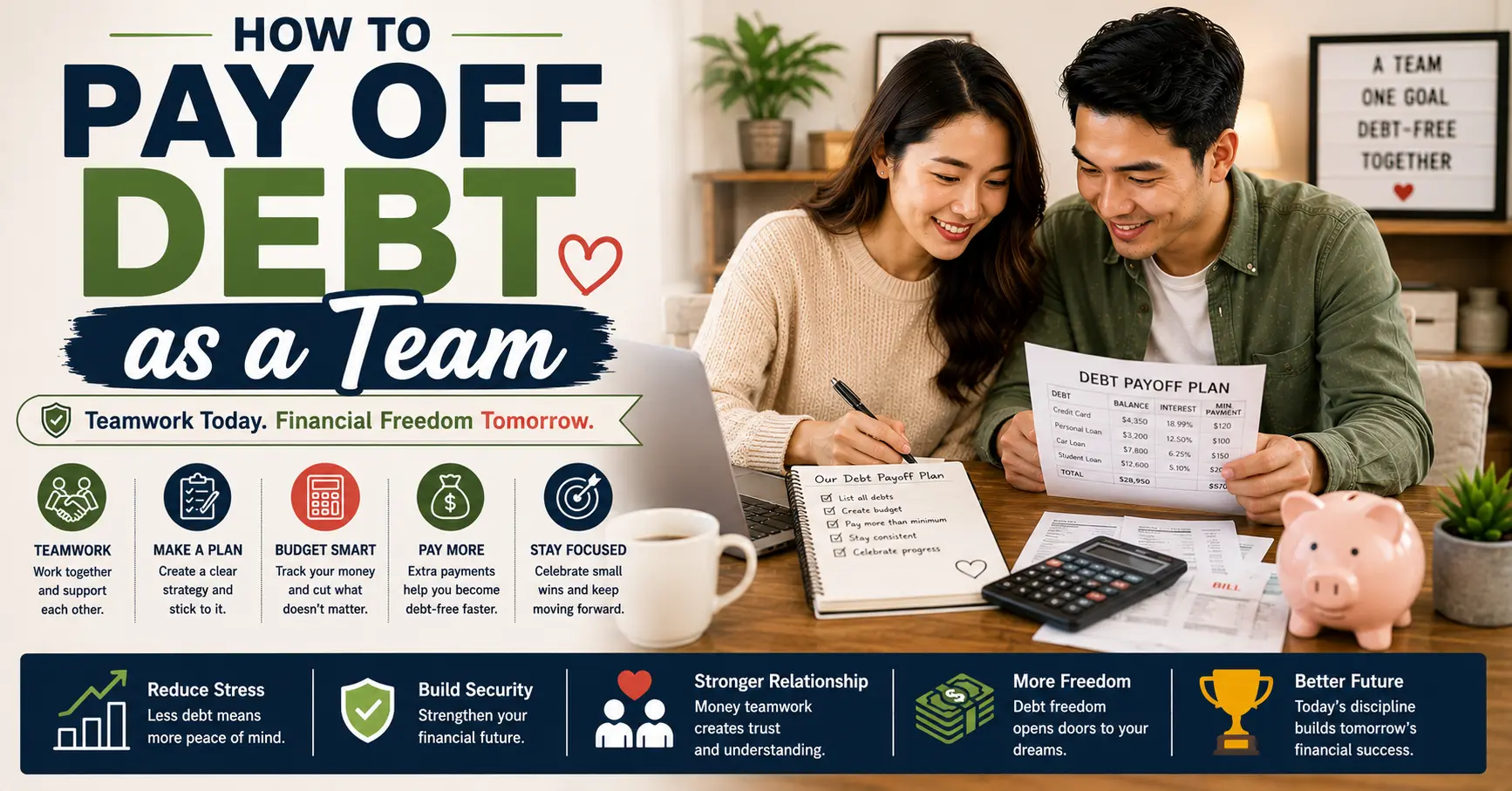 Couple reviewing debt repayment plans together while organizing their household finances