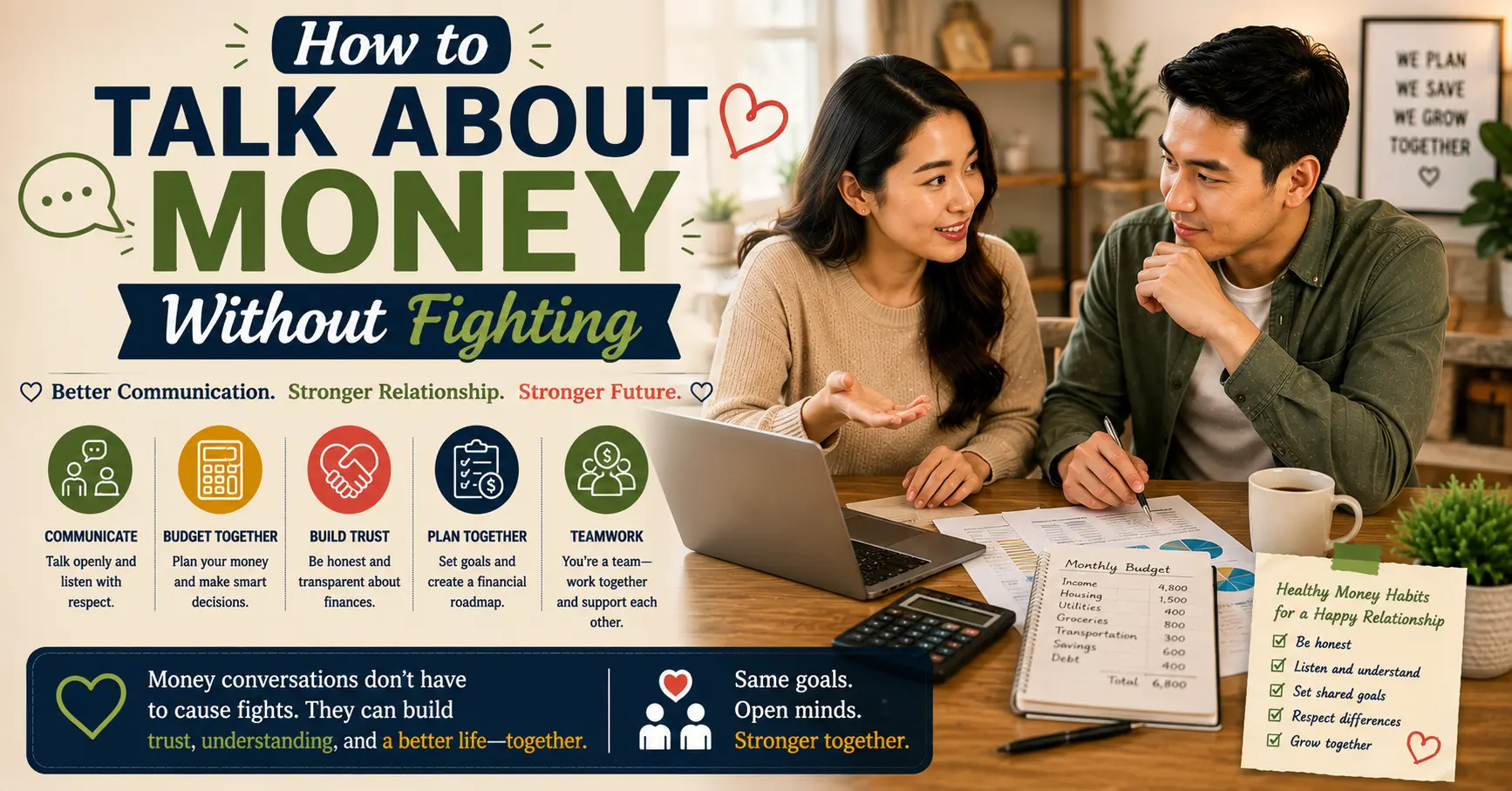 Couple having a calm discussion about finances while reviewing their monthly budget together