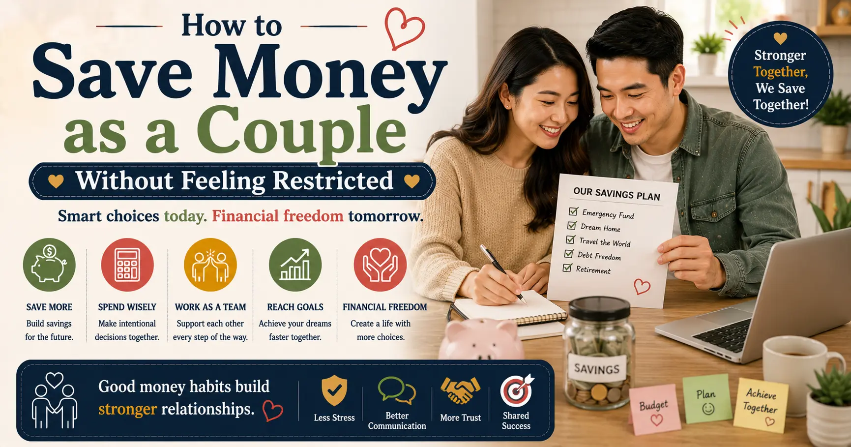 Couple creating a savings plan together while managing household finances