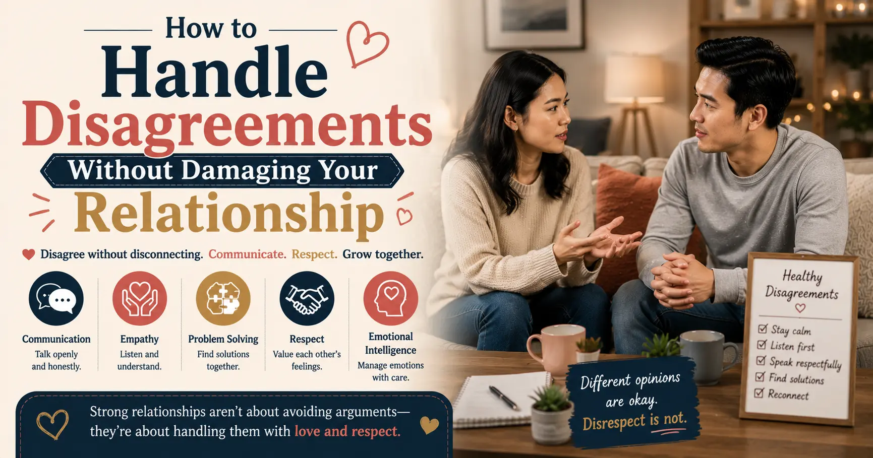Couple resolving disagreements through healthy communication, empathy, and mutual respect