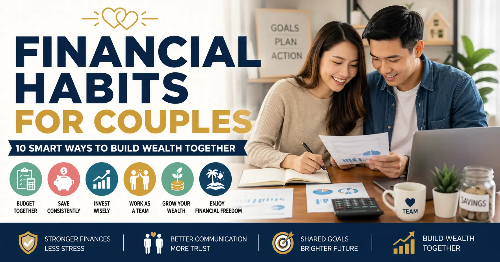 Couple building healthy financial habits while reviewing savings and investment plans together